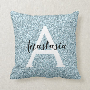 Almofada Glam Blue Silver Glitter Sparkles Nome do Monogram