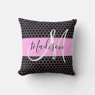 Almofada Glam Preto Metálico Rosa Favo de Mel Monograma Nom