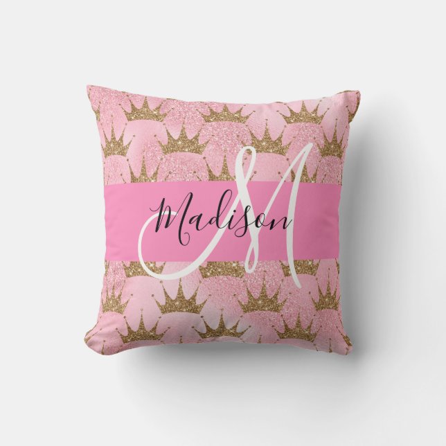 Almofada Glam Rosa e Dourado Brilho Faíscas Coroas Monogram (Frente)