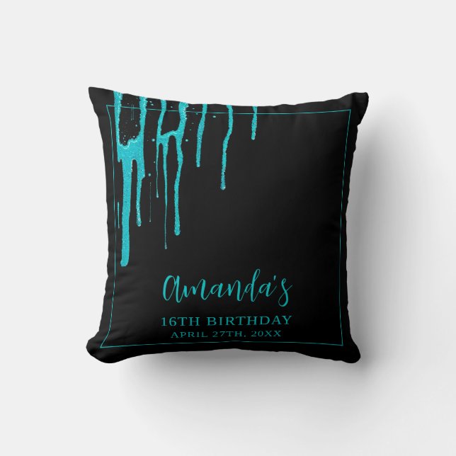 Almofada Glitter Chic Teal Drips Doce 16 Aniversário (Frente)