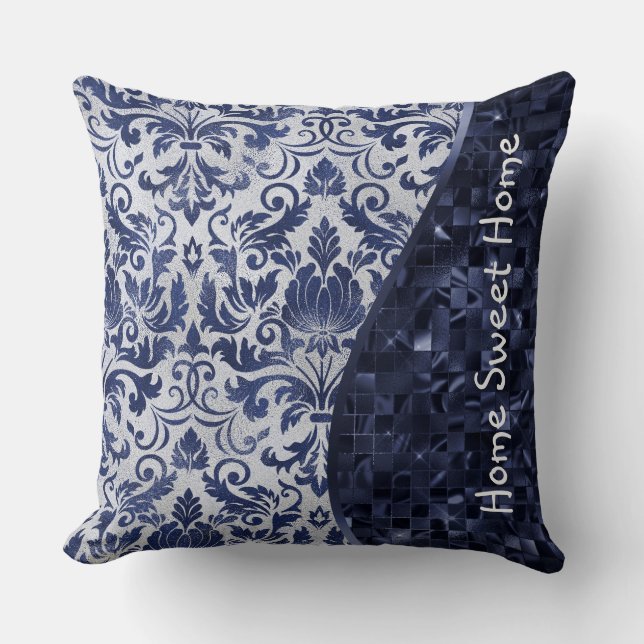 Almofada Glitter de Cor damasco Azul Personalizado (Frente)