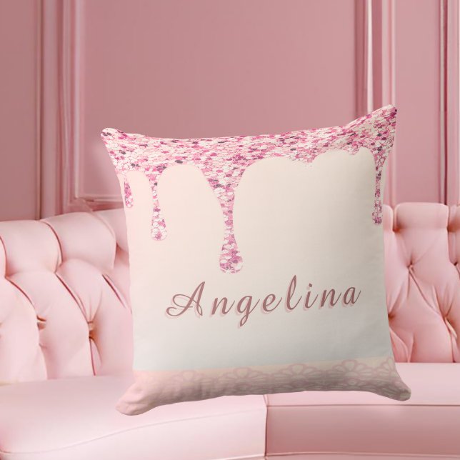 Almofada Glitter Glam Rosa Elegante (Customize this glam pink pillow for bridesmaids—perfect for bridal shower gifts and lounge decor.)