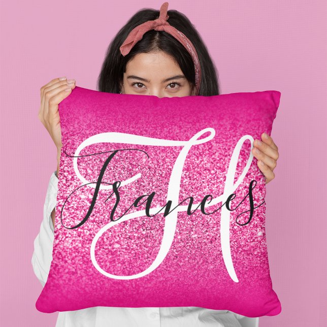 Almofada Glitter Ombre Rosa Quente Falso Monogramado (Criador carregado)