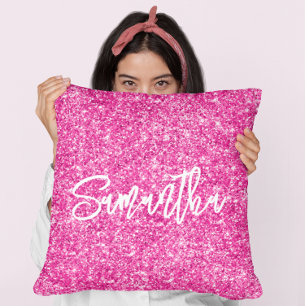 Almofada Glitter Rosa Quente Branco Script Pincel