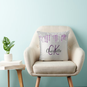Almofada Glitter roxo prateado goteja nome do monograma
