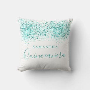 Almofada Glitter teal de Quinceanera cai monograma branco