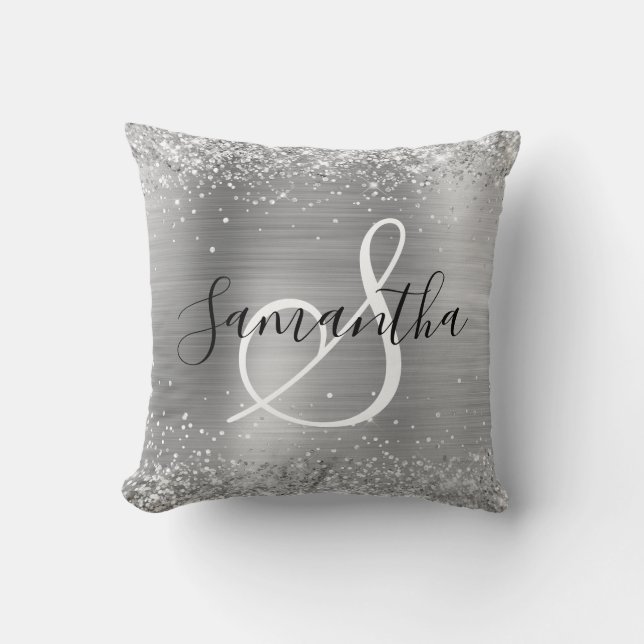 Almofada Glittery Silver Foil Elegant Monogrammed (Frente)