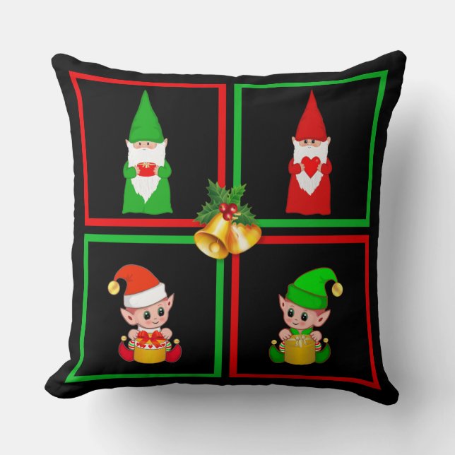 Almofada Gnomos e elfos de Natal a preto, verde e vermelho (Frente)