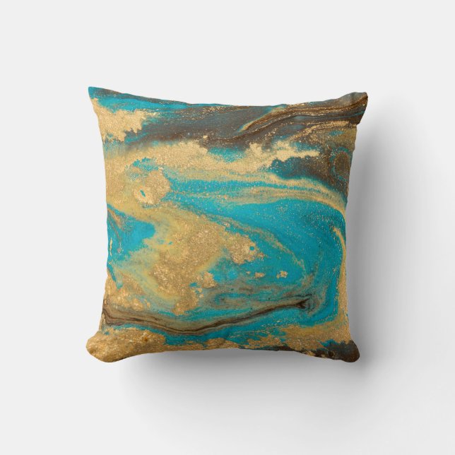 Almofada Gold marbling texture design. Blue and golden marb (Frente)