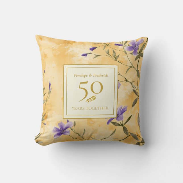 Almofada Gold Violets Floral 50th Wedding Anniversary (Frente)