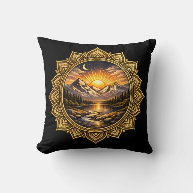 Almofada Golden Boho Mandala Mountain Sunset Art | Black (Frente)