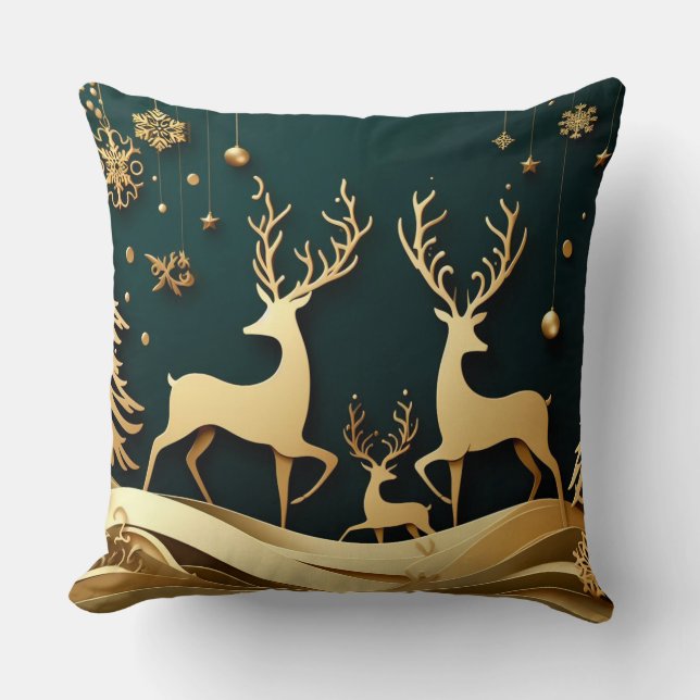 Almofada Golden Forest Waltz – Reindeer & Ornaments (Frente)