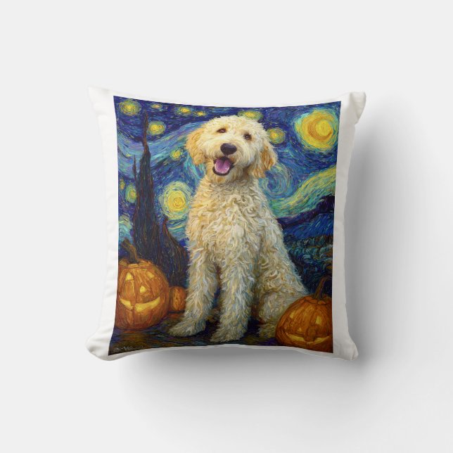 Almofada Goldendoodle Cachorro Fofo Dia das Bruxas Abóbora  (Frente)