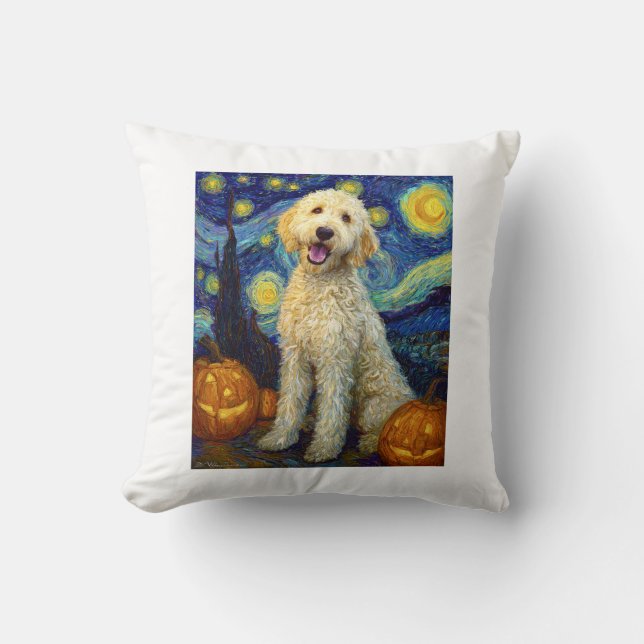 Almofada Goldendoodle Cachorro Fofo Dia das Bruxas Jack O L (Frente)