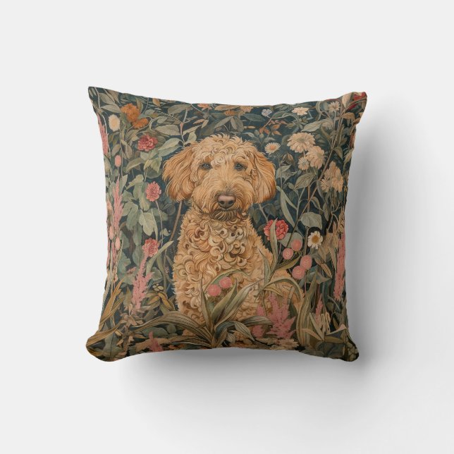 Almofada Goldendoodle em um Jardim do Estilo William Morris (Frente)