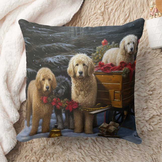 Almofada Goldendoodle Snowy Sleigh Decência de Natal (Cobertor)