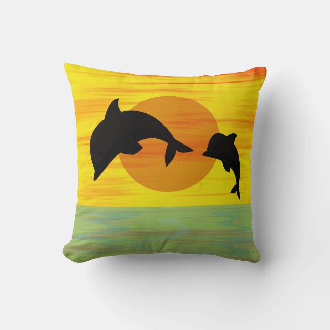 Almofada Golfinho da mãe e do bebê no por do sol (Frente)