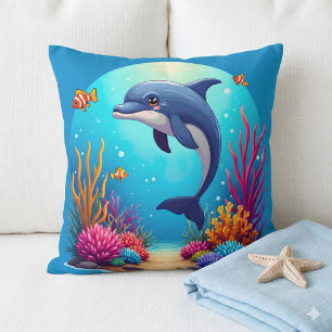 Almofada Golfinho Whimsical em recife de coral vibrante