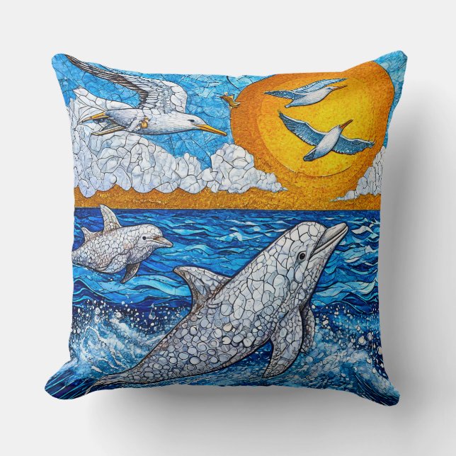 Almofada Golfinhos Gaivotas Cena do Oceano 🌊🐬 Brisa Coste (Frente)
