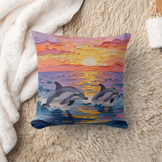 Almofada Golfinhos Impasto e Ondas do Oceano   (Cobertor)