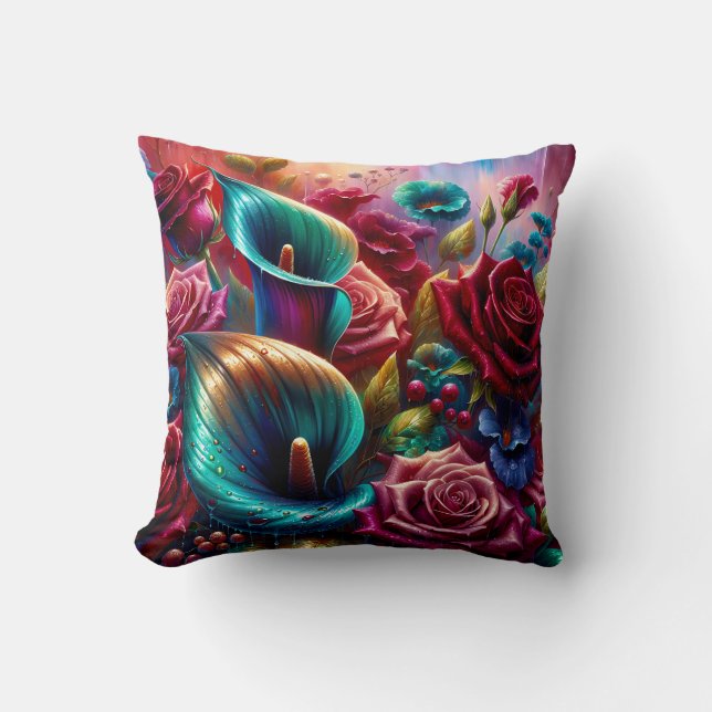 Almofada "Gotas de chuva em Rosas e Lírios Calla" (Frente)