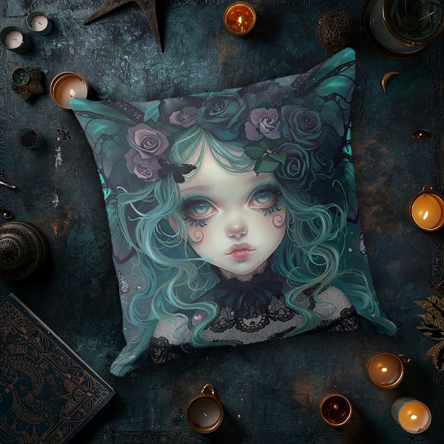 Almofada Gothic Bat Girl em Turquesa (Criador carregado)