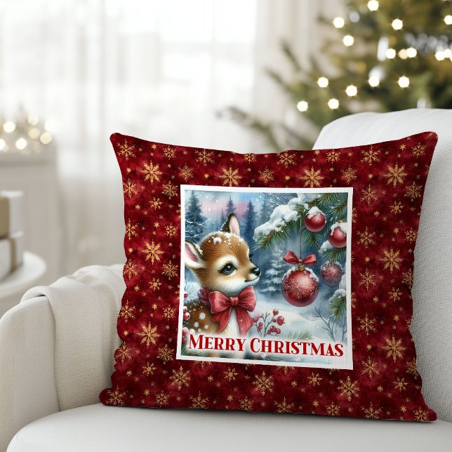 Almofada Graceful baby deer snowy forest festive Christmas  (Graceful baby deer snowy forest festive Christmas pillow)