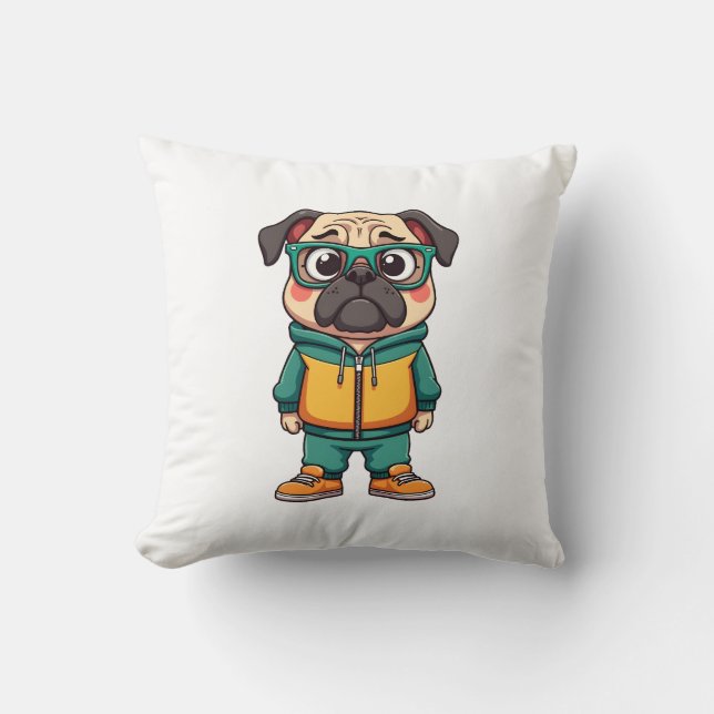 Almofada Gráfico de Moda de Rua de Cartoon de Pug Hipster V (Frente)