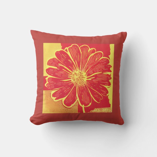 Almofada Grande Daisy Aster em Vermelho, Amarelo e Saffron (Frente)