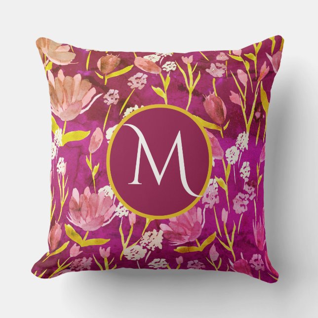Almofada Grande Monograma Inicial Romântica Borgonha Floral (Frente)
