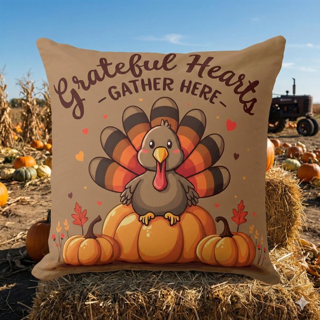 Almofada Grateful Hearts Thanksgiving Turkey (Grateful Hearts Thanksgiving Turkey Throw Pillow Mockup D)