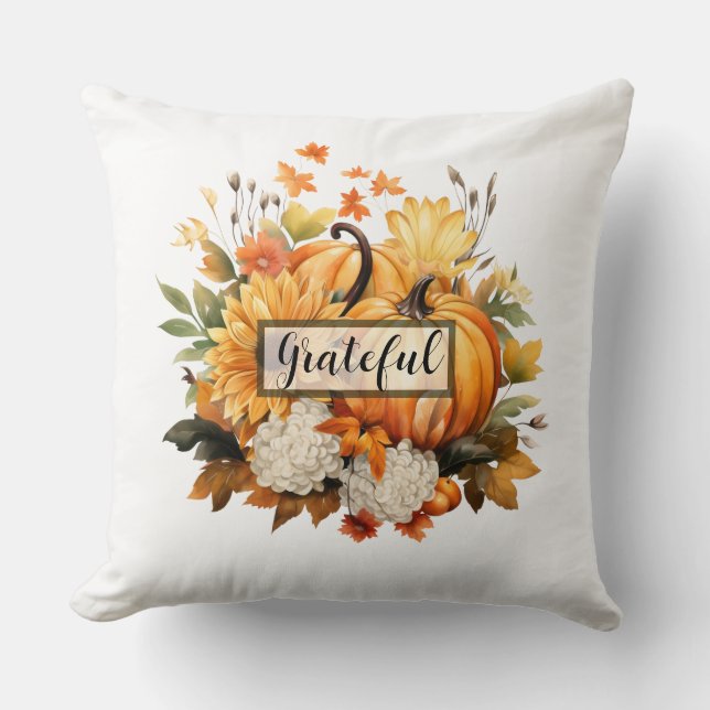 Almofada Grateful Pumpkin Floral Fall Thanksgiving (Frente)
