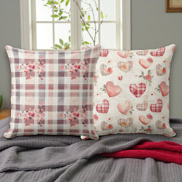 Almofada Gray and Red Gingham Hearts Double Sided