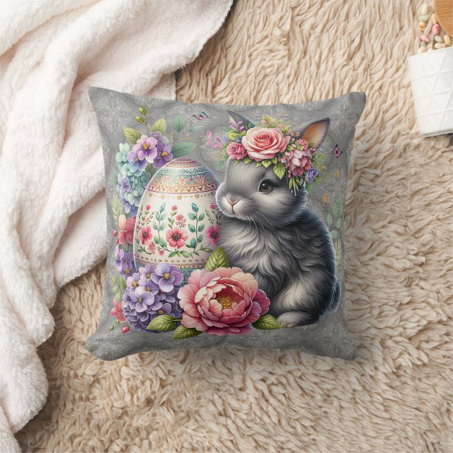 Almofada Gray Easter Bunny Damask Pattern Throw Pillow (Cobertor)