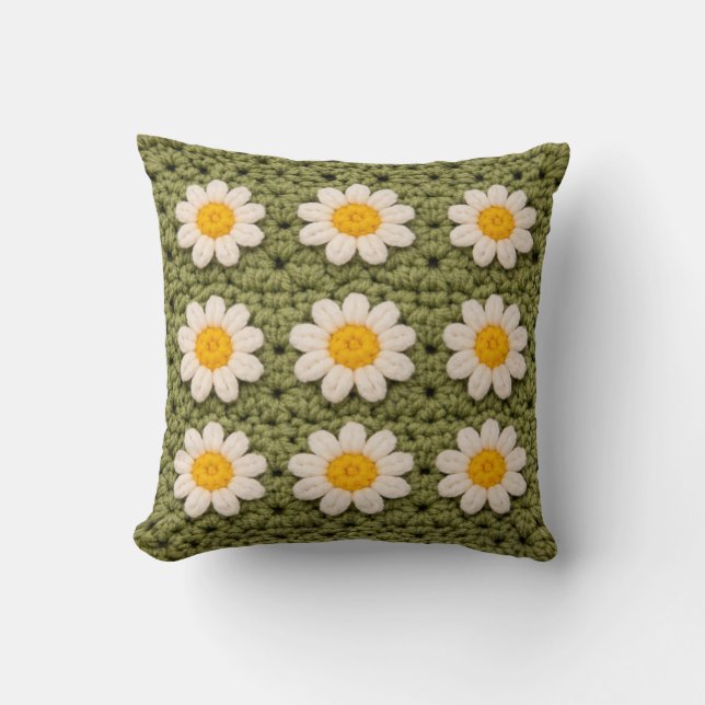 Almofada Green Daisy Granny Square Crochet Pattern Floral R (Frente)