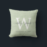Almofada Green Linen White Monogramas Keepsael<br><div class="desc">Elegante travesseiro de efeito de linhagem verde tecido com seu texto na caligrafia manuscrita de cinza escura. Basta adicionar seus nomes, monograma e data de casamento. presente de excelente para um casal recém-casado. Desenvolvido exclusivamente para você pelo Happy Dolphin Studio. Se precisar de ajuda ou produtos correspondentes, entre em contato...</div>