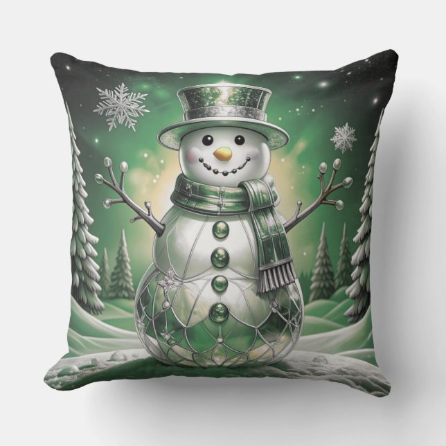 Almofada Green Snowman Snowflakes Holiday Throw Pillow (Frente)