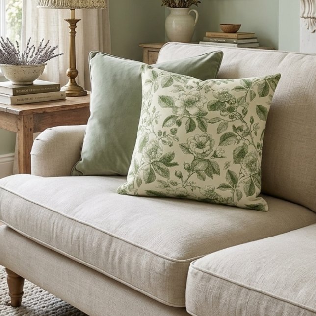 Almofada Green Vintage Botanical Toile Pattern (Criador carregado)