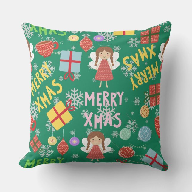 Almofada Greenery Merry Xmas texto amarelo-escuro (Frente)