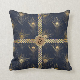 Almofada Grelha de Bling do Monograma Azul Peacock Dourado