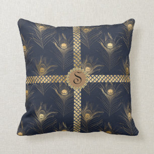 Almofada Grelha de Bling do Monograma Azul Peacock Dourado 