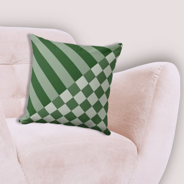 Almofada Greve Geométrica Moderna e Floresta Verificadora - (Modern Geometric Stripe & Checker Forest-Green Throw Pillow)