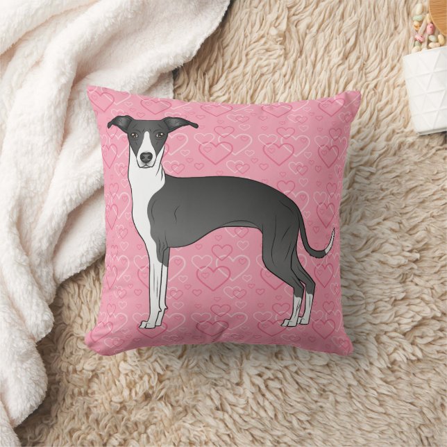 Almofada Greyhound Italiano Negro E Branco Em Corações Rosa (Cobertor)