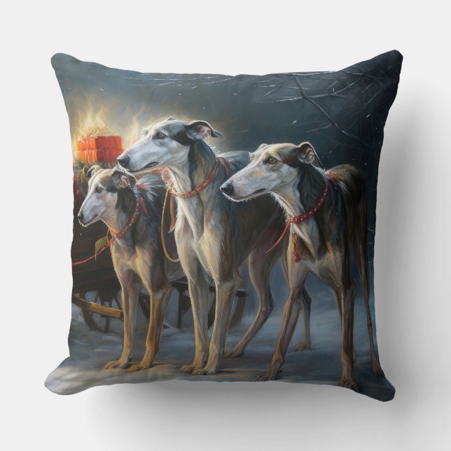 Almofada Greyhound Snowy Sleigh Decência de Natal (Frente)