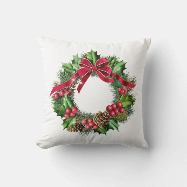 Almofada Grinalda de Natal Elegante com Laço Vermelho, Azev (Frente)