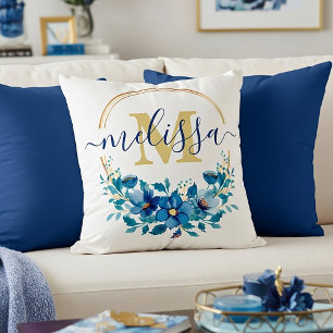 Almofada Grinalda floral azul e dourada personalizada