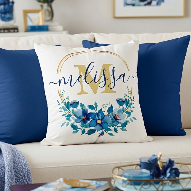 Almofada Grinalda floral azul e dourada personalizada (Criador carregado)