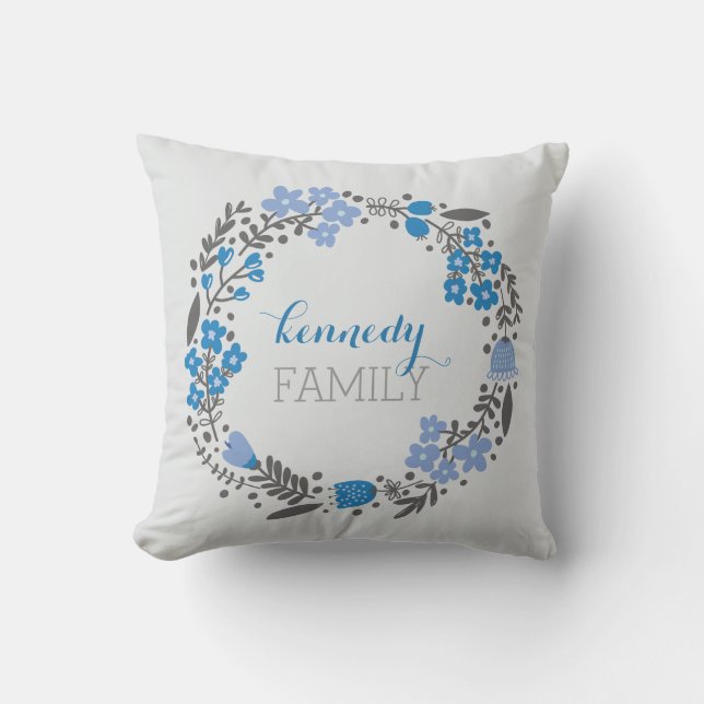 Almofada Grinalda floral cinza azul personalizado do (Frente)