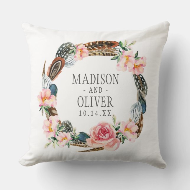 Almofada Grinalda floral da aguarela com penas | que (Frente)