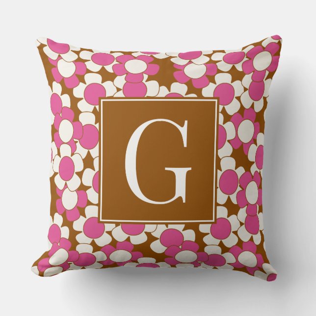 Almofada Groovy Daisy Toss - Marrom, Rosa Vibrante e Branco (Frente)